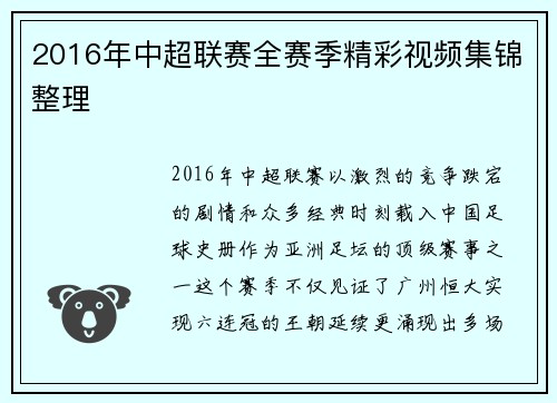 2016年中超联赛全赛季精彩视频集锦整理